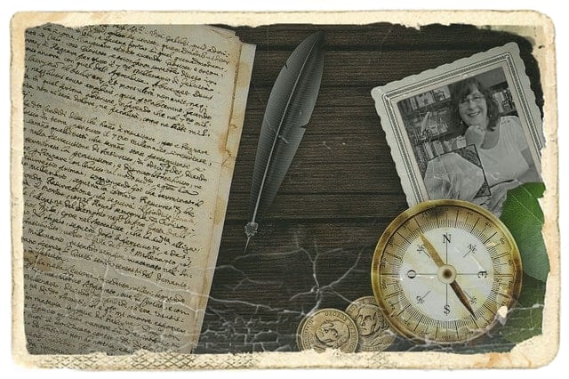 old fashioned portrait, pen, letter, and compass